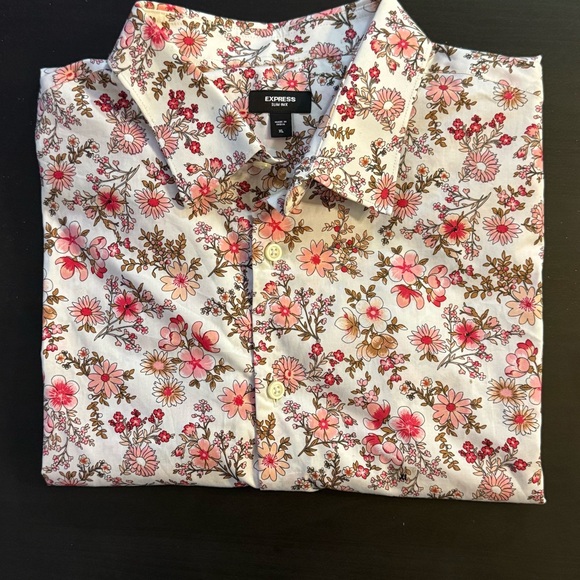 Express Slim 1MX Mens Collared Full Front Button Fitted Dress Shirt White Floral - Picture 4 of 5